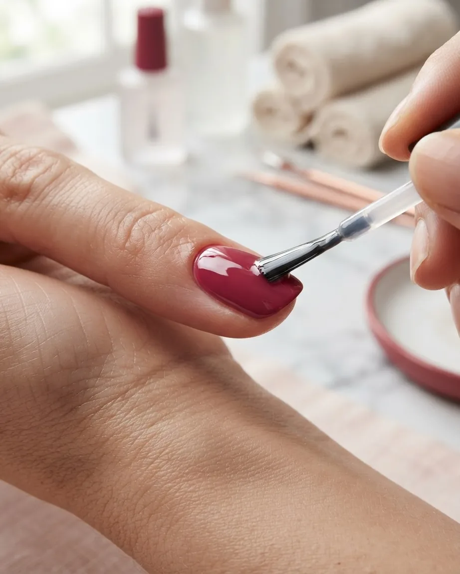 A small brush applies a clear coat over a glossy burgundy fingernail, with nail care supplies blurred in the background.
