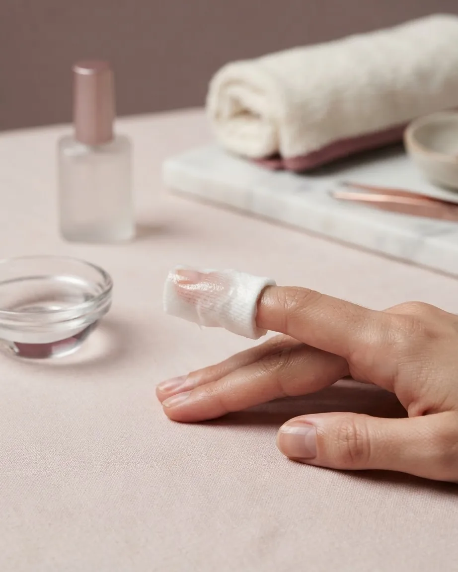 A hand rests on a pink surface with one fingernail wrapped in white cotton beside a glass bowl and nail care supplies.