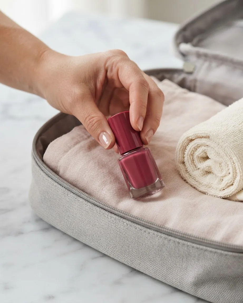 A hand lifts a pink nail polish bottle from an open fabric travel bag beside folded clothes and a rolled towel.