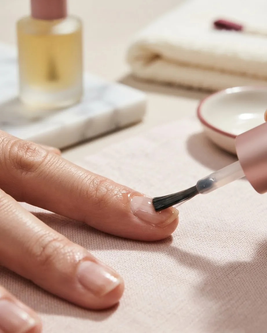 A brush applies clear base coat to a bare fingernail on a softly lit manicure surface.