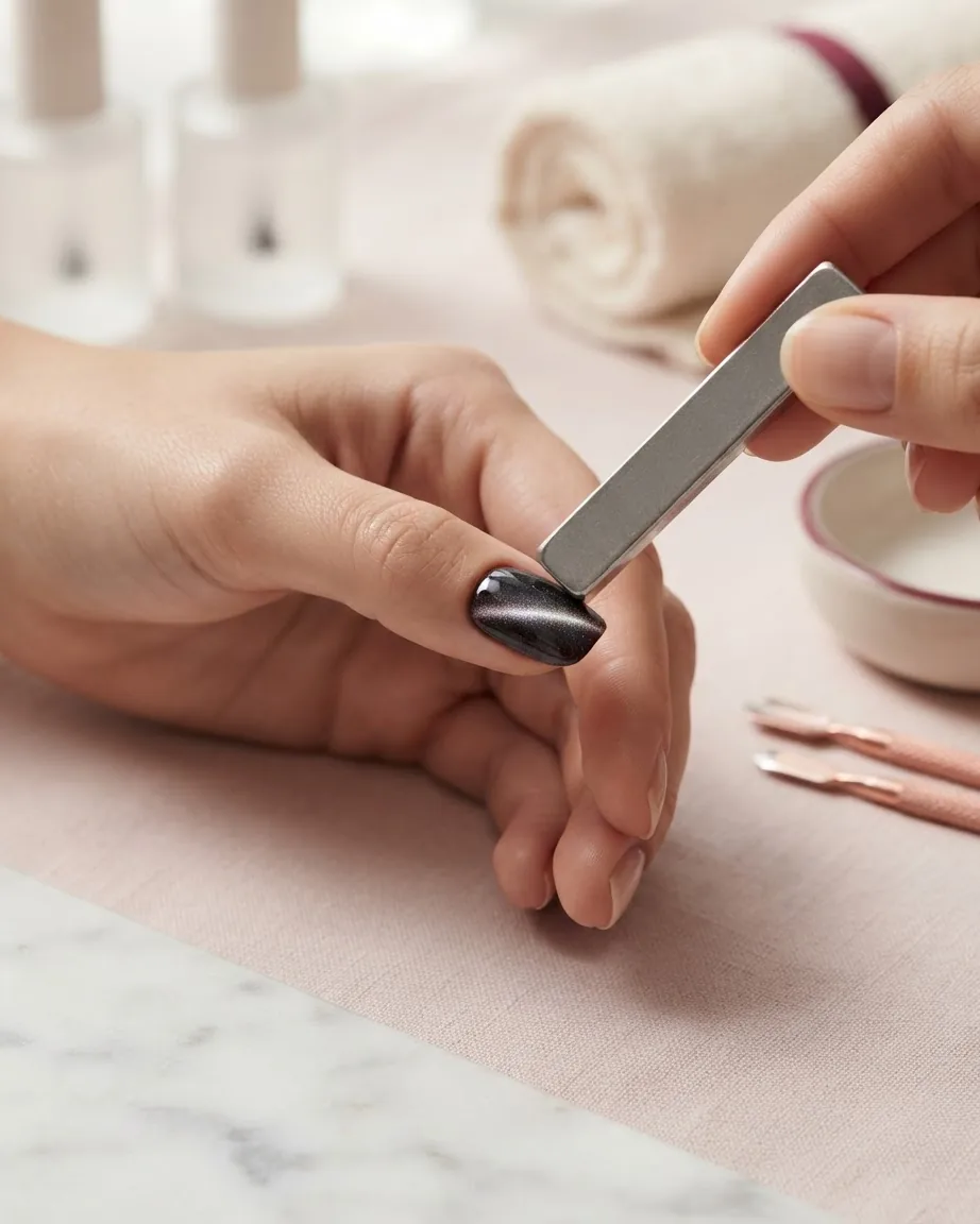 A hand holds a rectangular magnet close to a glossy dark cat eye nail with a silvery metallic streak.