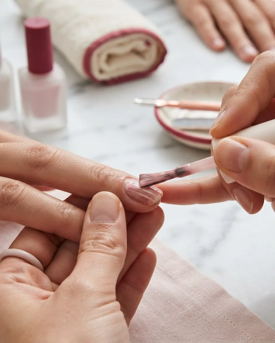 A manicure brush applies streaky sheer pink polish across a fingernail held between two hands.