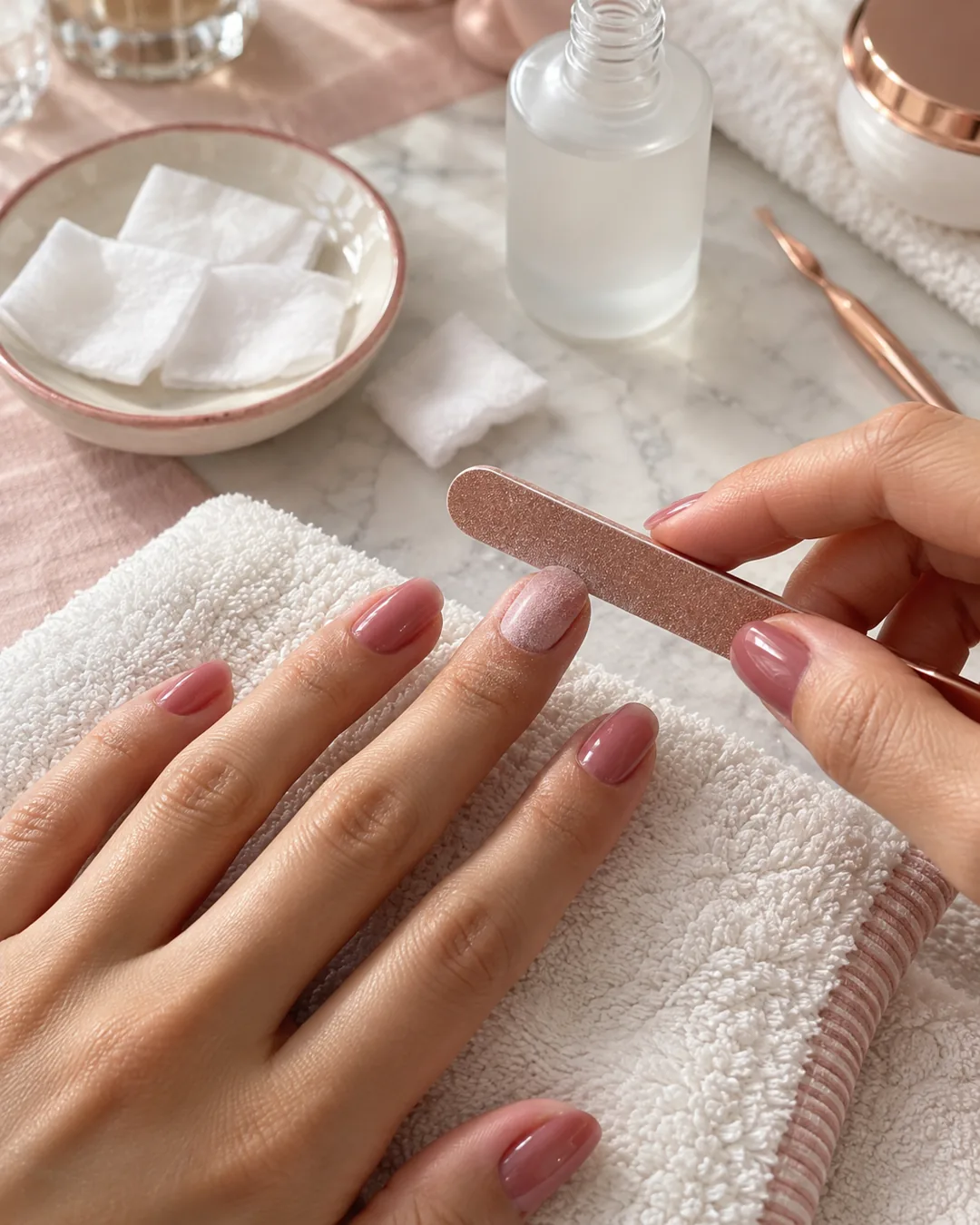 Hands file a pink dip-polished fingernail to a matte finish beside cotton pads, a glass bottle, and a white towel.