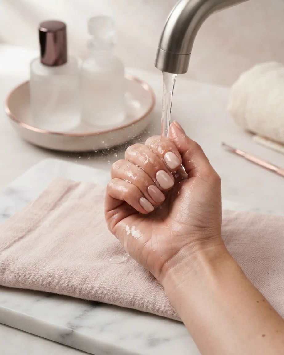 A hand with pale pink press-on nails held beneath running faucet water over a soft pink towel beside skincare bottles.