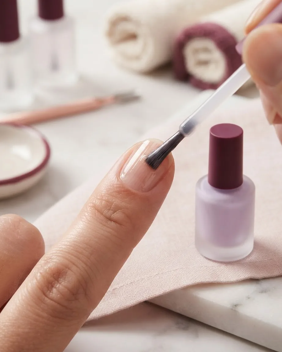 A brush applies a clear coat to a natural fingernail beside a lavender polish bottle and rolled towels.