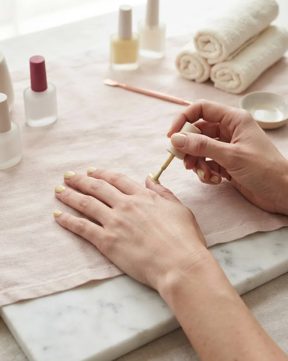 A hand applies pale yellow nail polish to another hand on a soft pink manicure setup.